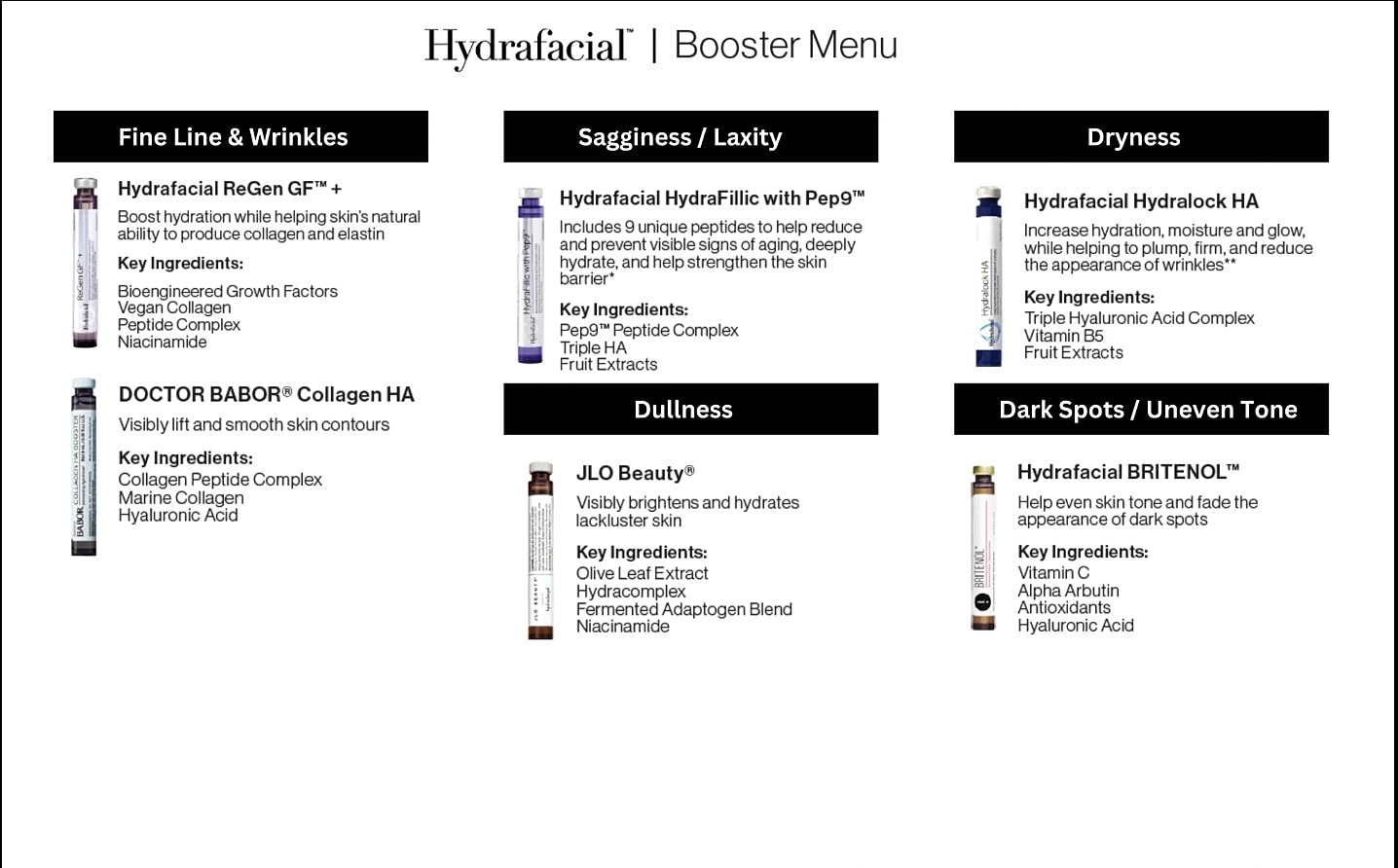 Hydrafacial booster menu for skin treatments.